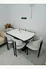 X Ayaklı Gloss Masa Teddy Kumaş Badem Sandalye, Açılır Mdf Masa Takımı 6 Kişilik