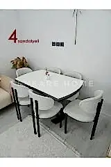 X Ayaklı Beyaz Masa Teddy Badem Sandalye Takımı, Mdf Açılabilir Mutfak Masası, 80x130-190