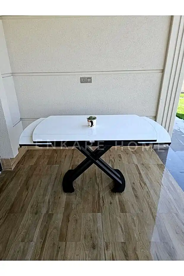 X Ayaklı Beyaz Masa, Mdf Açılabilir Salon ve Mutfak Masası 80x130-190