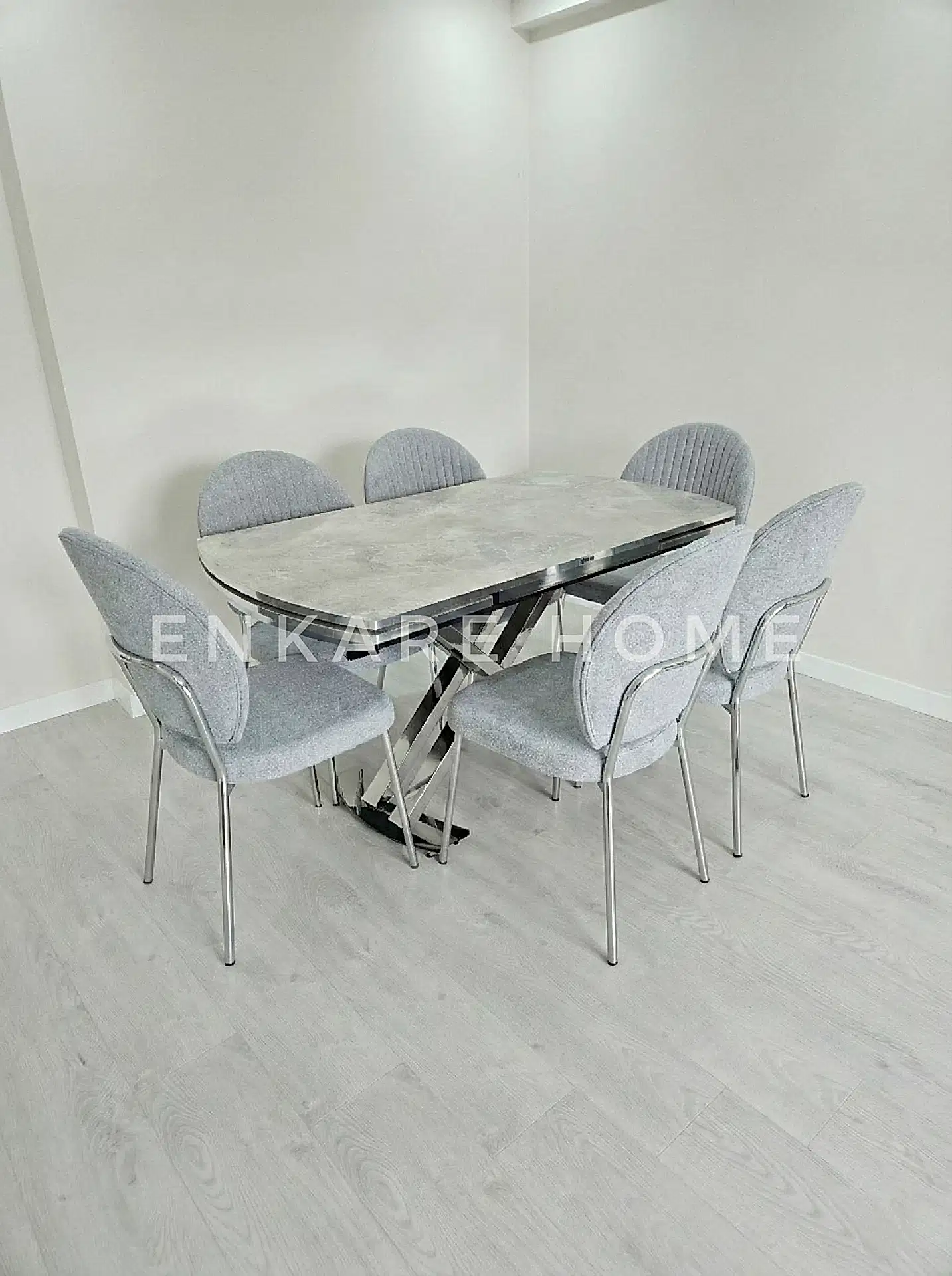 X Ayaklı Gloss Masa & Midye Sandalye | 6 Sandalye 1 Masa | Mutfak&Salon | 80x130-190 cm