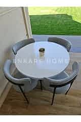 Enkare Elisa Yuvarlak Masa Sandalye Takımı, 4 Kişilik Mdf Yuvarlak Beyaz Mutfak Masası, 4 Adet Gri Sandalye 90*90