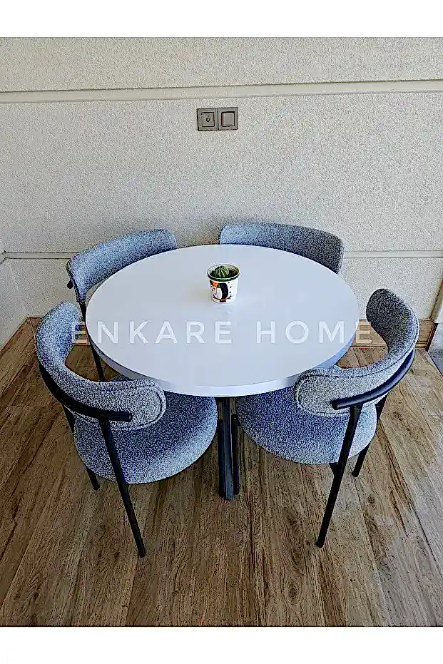 Enkare Elisa Yuvarlak Masa Sandalye Takımı, 4 Kişilik Mdf Yuvarlak Beyaz Mutfak Masası, 4 Adet Gri Sandalye 90*90