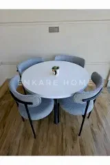 Enkare Elisa Yuvarlak Masa Sandalye Takımı, 4 Kişilik Mdf Yuvarlak Beyaz Mutfak Masası, 4 Adet Gri Sandalye 90*90