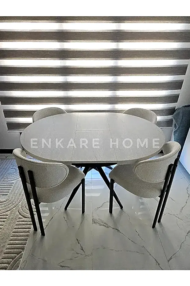 Oliva Masa Badem Sandalye Takımı - Açılabilir Yuvarlak Mdf Masa + 4 Sandalye | Mutfak, Salon 100x100