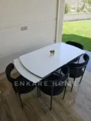 X Ayaklı Gloss Masa & Elisa Sandalye - Siyah Kumaş | 80x130-190 cm | Çift Kanat Açılır | Mutfak Salon