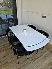 X Ayaklı Gloss Masa & Elisa Sandalye - Siyah Kumaş | 80x130-190 cm | Çift Kanat Açılır | Mutfak Salon