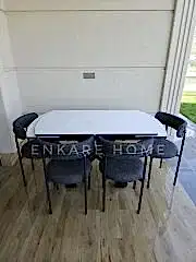 X Ayaklı Gloss Masa & Elisa Sandalye - Antrasit Kumaş | 80x130-190 cm | Çift Kanat Açılır | Mutfak Salon