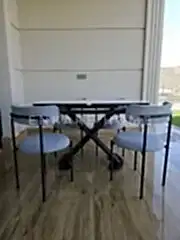 X Ayaklı Gloss Masa & Elisa Sandalye - Gri Kumaş | 80x130-190 cm | Çift Kanat Açılır | Mutfak Salon