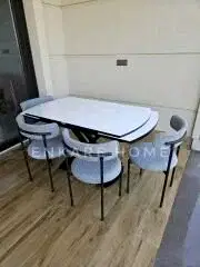 X Ayaklı Gloss Masa & Elisa Sandalye - Gri Kumaş | 80x130-190 cm | Çift Kanat Açılır | Mutfak Salon