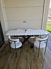 X Ayaklı Gloss Masa & Elisa Sandalye - Beyaz Kumaş | 80x130-190 cm | Çift Kanat Açılır | Mutfak Salon