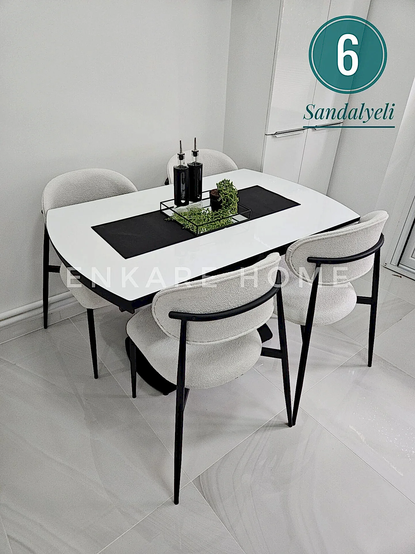 X Ayaklı Gloss Masa & Sera Sandalye Takımı | Açılır Mdf Masa + 6 Sandalye | 80x130-190 |Mutfak Salon