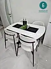 X Ayaklı Gloss Masa & Sera Sandalye Takımı | Açılır Mdf Masa + 6 Sandalye | 80x130-190 |Mutfak Salon